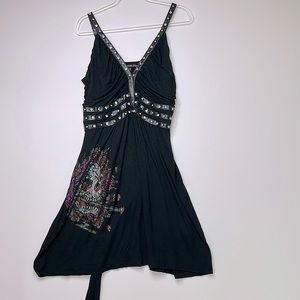 Ed Hardy Dress Womens 2X Black Jersey Rhinestone Skull Rose Gem Vegan Leather